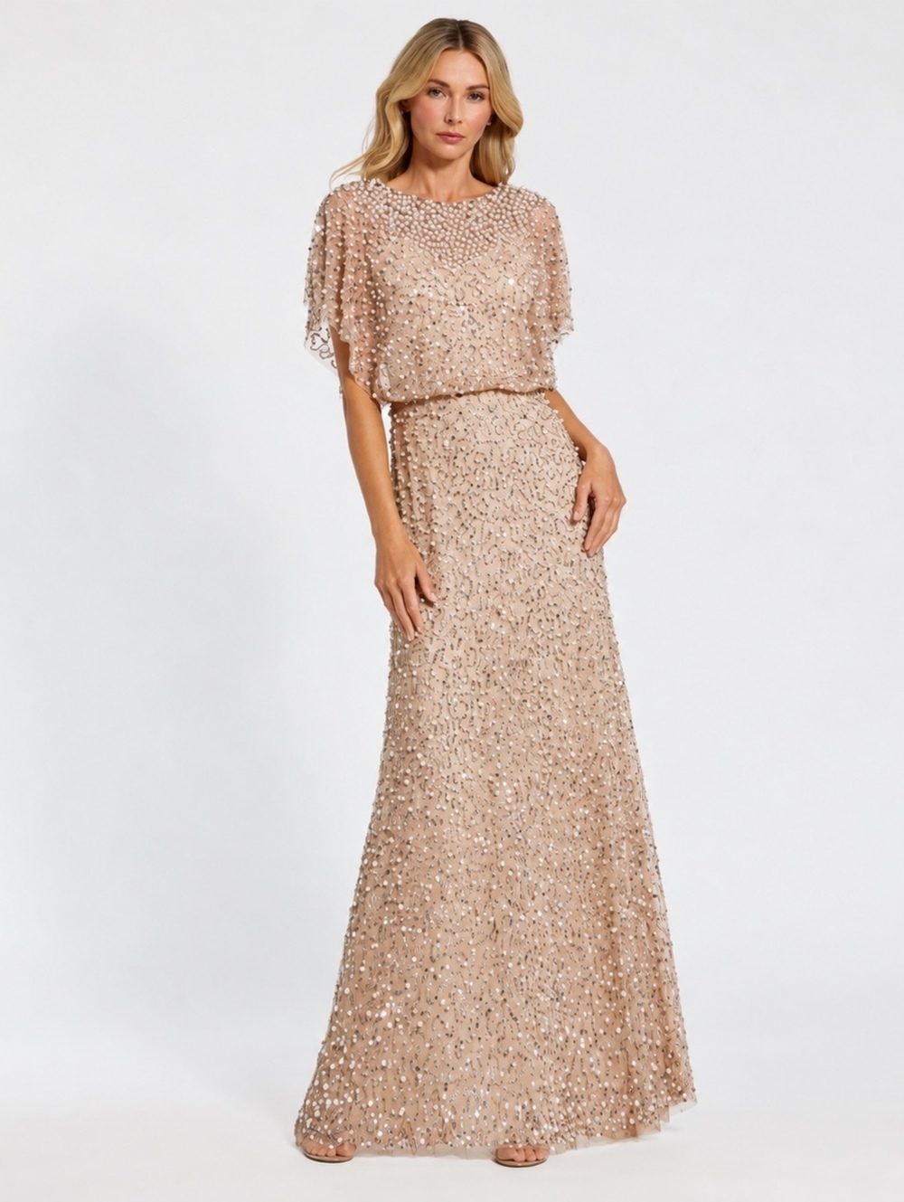 Mac Duggal High Neck Pearl Sequin Embellished Cape Gown Nude Gold